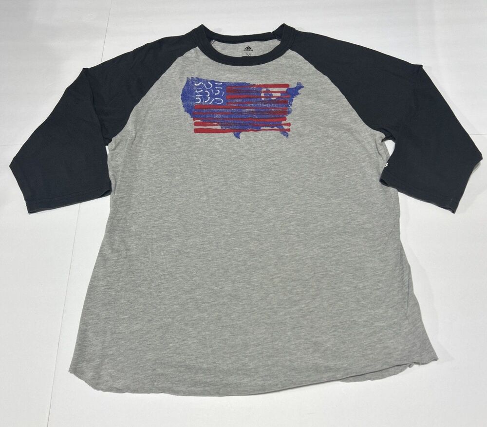 Adidas USA Map American Flag Raglan Baseball Shirt Adult Medium Grey Black